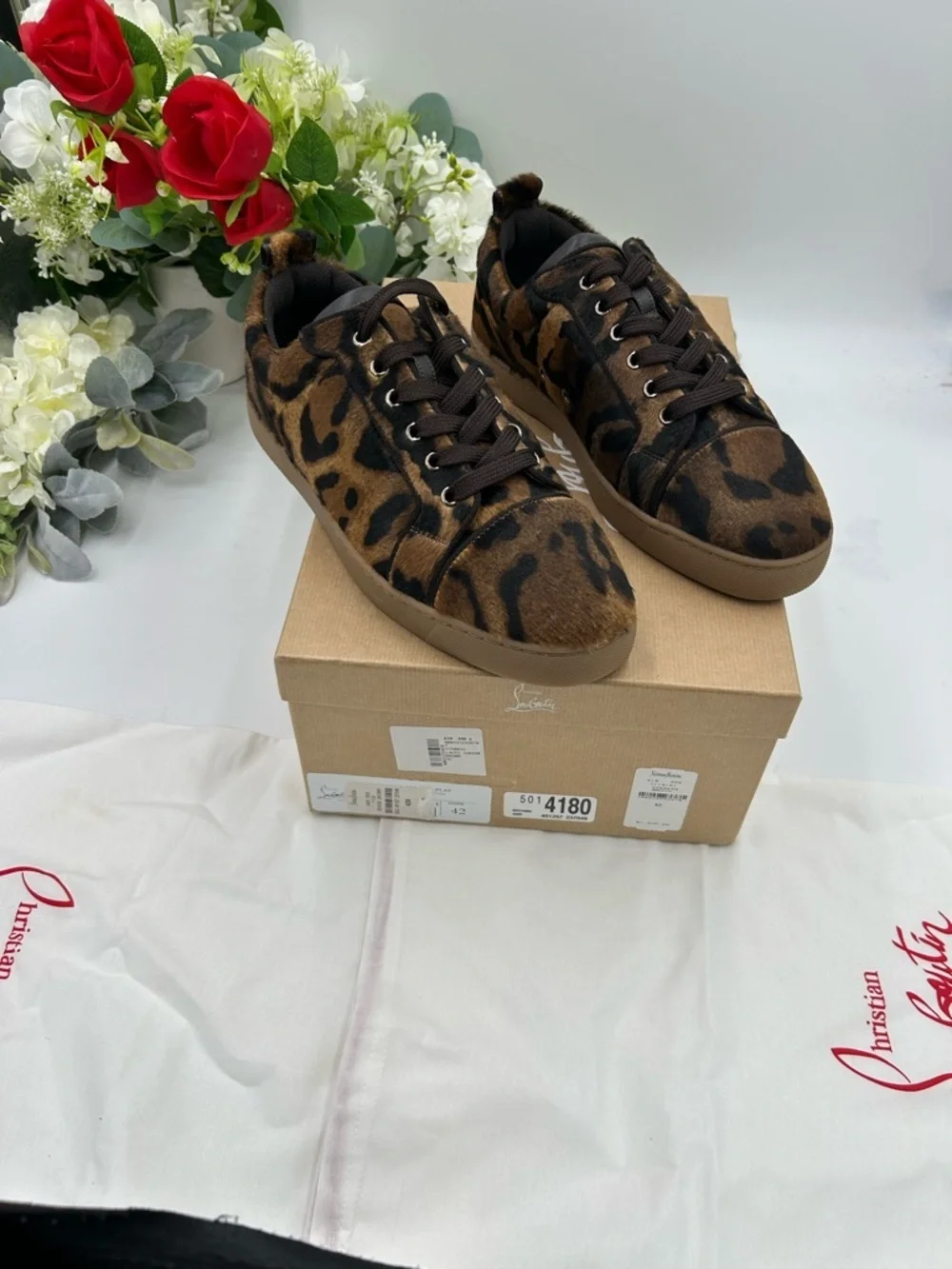 Men's Christian Louboutin Louis Jr leopard effect low top sneakers size 42